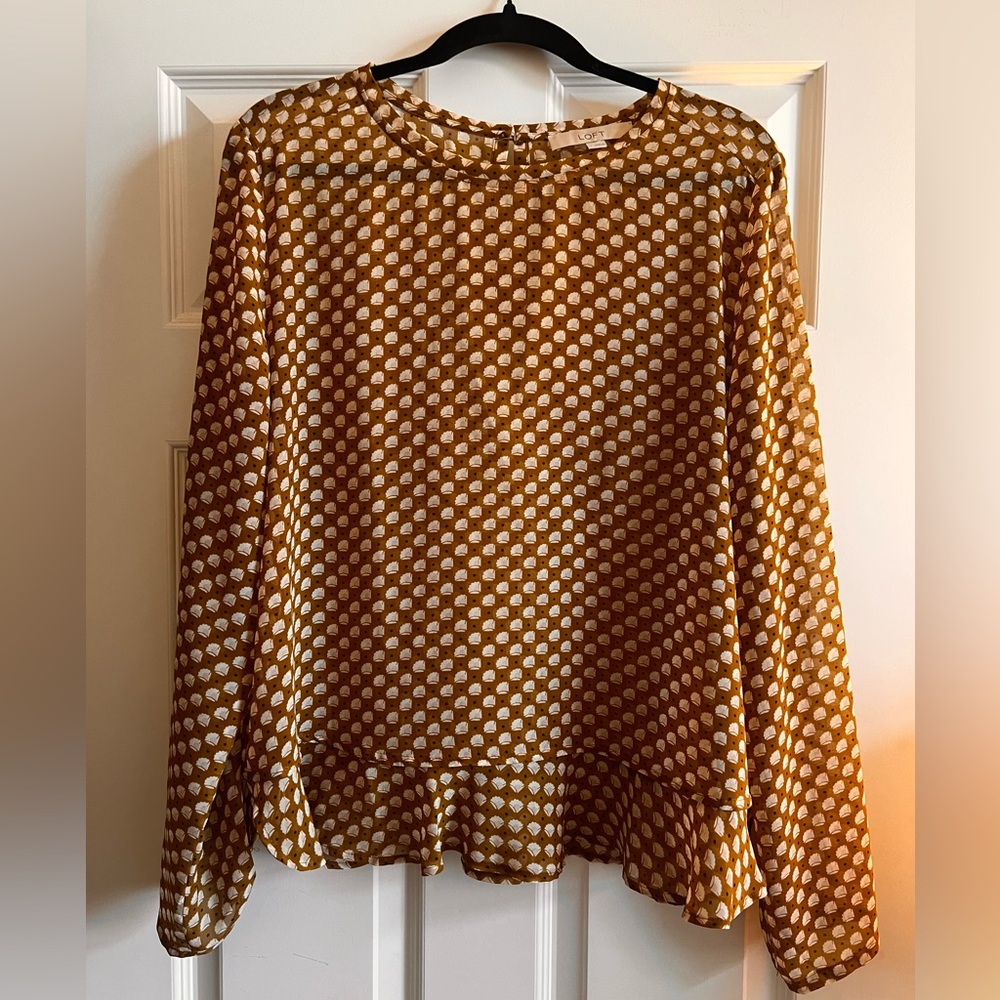 LOFT Mustard Brown Ruffle Bottom Tiny Floral Flowy Women's Top